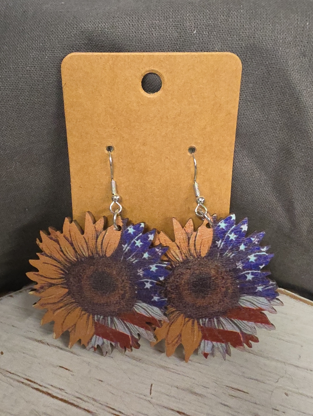 Sunflower American Flag Wooden Dangle Earrings